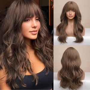 - Human hair blend brown wave wig with bang